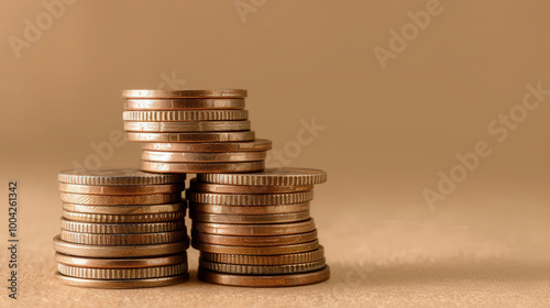 Pyramid of Coins Symbolizing Financial Security, Coins arranged in a pyramid on a simple backdrop, illustrating wealth accumulation, ample space for text, signifying financial stability.