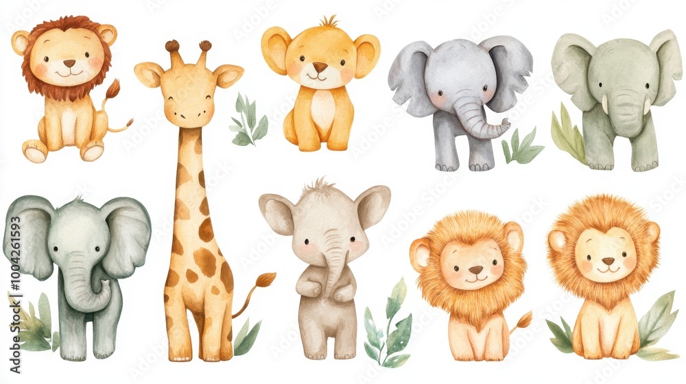 Obraz premium A watercolor illustration of baby jungle animals, including lions, giraffes, and elephants, on a clean white canvas.