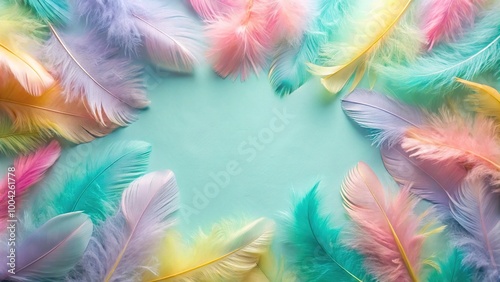Pastel colored abstract feather flat lay background from bird's eye view