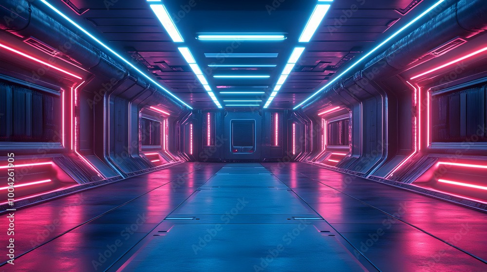 Futuristic 3D Neon Corridor with Blue and Pink Lighting Futuristic 3D Neon Corridor with Blue and Pink Lighting