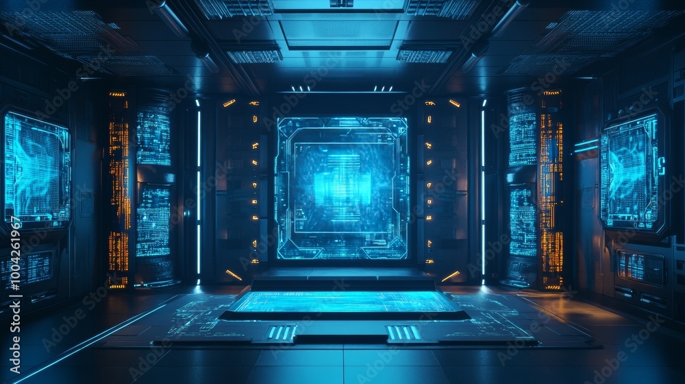 Futuristic teleport with holographic lights and square podium, a virtual reality booth for time travel. 3D illustration of sci-fi style HUD and GUI technology. Futuristic teleport with holographic lights and square podium, a virtual reality booth for time travel. 3D illustration of sci-fi style HUD and GUI technology.
