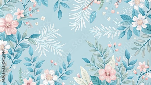 Pastel floral and leaf seamless blue background