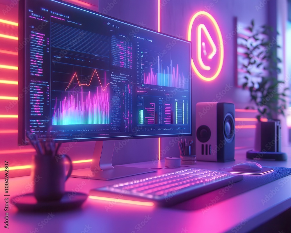 Digital marketing tools glowing with neon lights in a futuristic workspace Futuristic Neon Minimalist Digital marketing tools glowing with neon lights in a futuristic workspace Futuristic Neon Minimalist