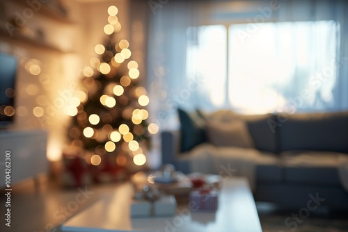 Blurred modern interior of a living room decorated for Christmas. christmas tree, presents, soft focus