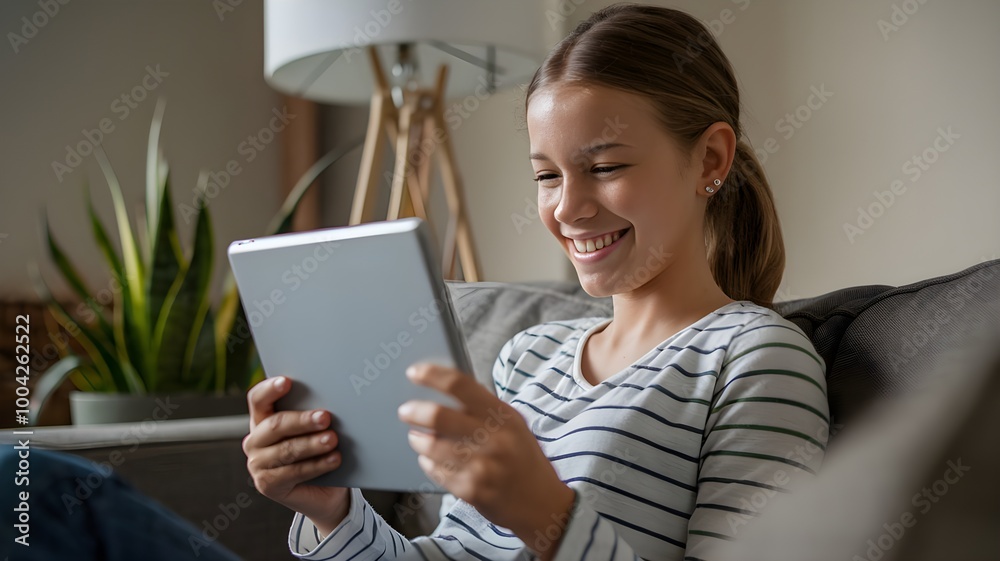 Happy teen girl holding pad computer gadget using digital tablet technology sitting on the couch at home. Smiling young woman using apps, shopping online, reading news, browsing internet on sofa Happy teen girl holding pad computer gadget using digital tablet technology sitting on the couch at home. Smiling young woman using apps, shopping online, reading news, browsing internet on sofa