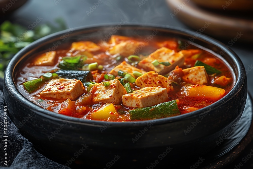A steaming bowl of Korean tofu stew with vegetables and spices. A steaming bowl of Korean tofu stew with vegetables and spices.
