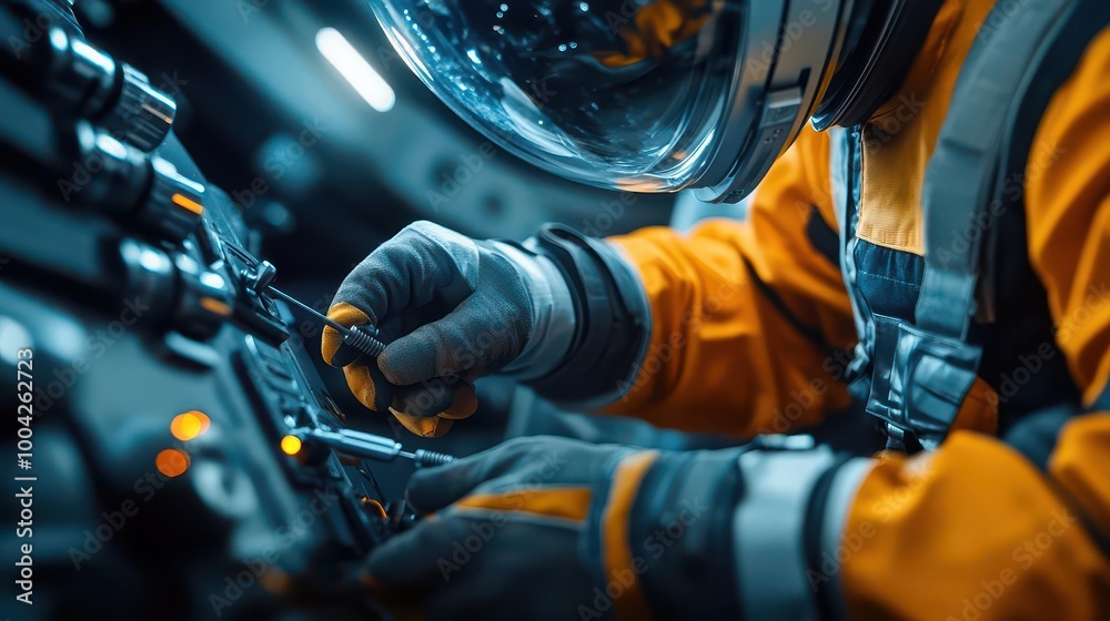 Astronaut performing maintenance in a spacecraft, showcasing advanced technology and deep space exploration. Astronaut performing maintenance in a spacecraft, showcasing advanced technology and deep space exploration.