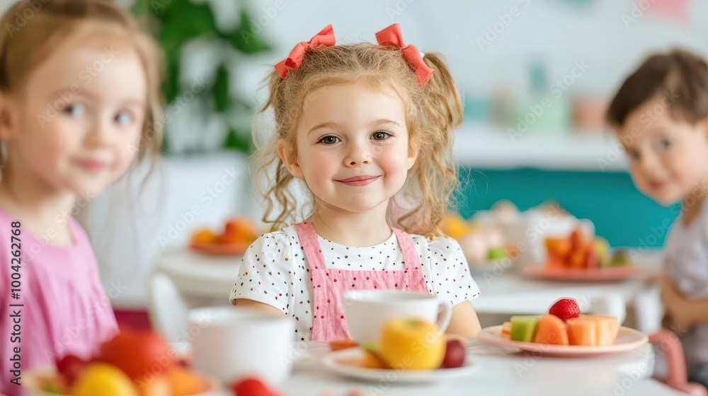 Cheerful children enjoying colorful fruit snacks at a bright and cheerful table setting during a joyful meal time. Cheerful children enjoying colorful fruit snacks at a bright and cheerful table setting during a joyful meal time.