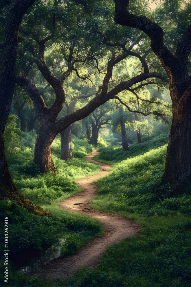 Naklejka premium Mysterious and primeval forest landscape with towering ancient oak trees verdant undergrowth a meandering dirt path and a hidden creek