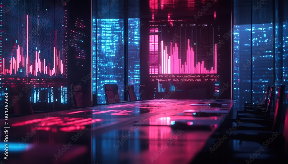 Financial growth visualized with glowing holographic graphs in a neon-lit boardroom  Futuristic  Hologram  High Detail