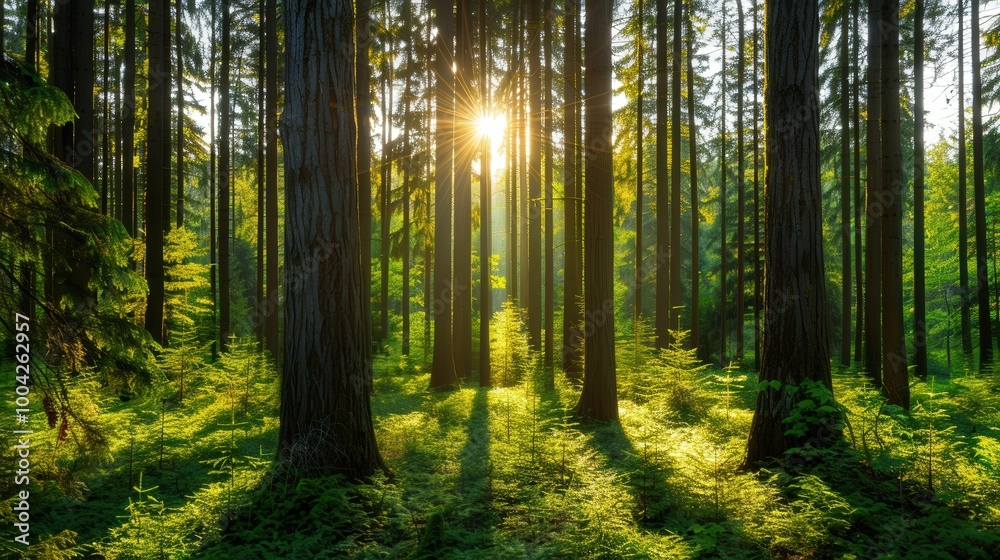 Fototapeta premium Sunlit Forest Retreat, a tranquil woodland oasis where vibrant greenery flourishes under warm sunlight, offering a peaceful escape into nature's embrace.