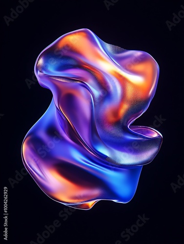 Abstract colorful shape with smooth surface and vibrant hues on a dark background. A minimalist poster in metallic and chrome gradient style.