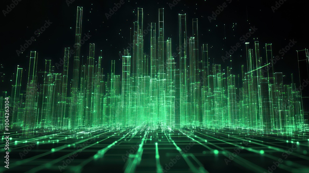 A futuristic digital landscape with green glowing structures and a grid-like floor. A futuristic digital landscape with green glowing structures and a grid-like floor.