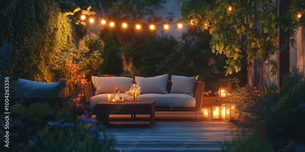Obraz premium An outdoor evening scene of a patio with comfortable seating, candlelit for ambiance, and set against the backdrop of a garden setting.