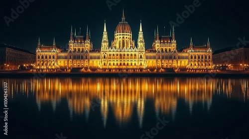 The illuminated Hungarian Parliament Building reflects beautifully in the Danube River, showcasing its stunning neo-Gothic architecture