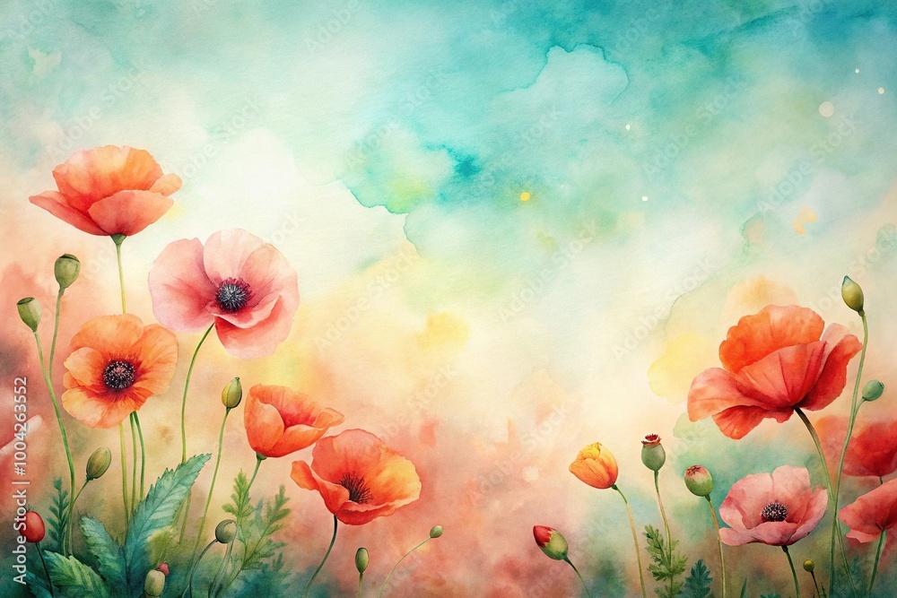 Obraz premium Pastel watercolor background with poppies Eye Level