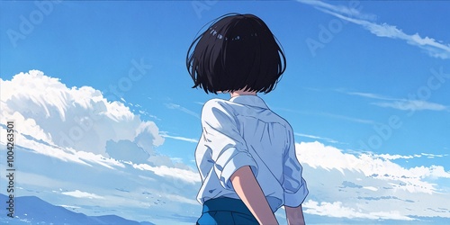 Short black hair anime girl wearing a white shirt, viewed from behind, cloudy blue sky background.