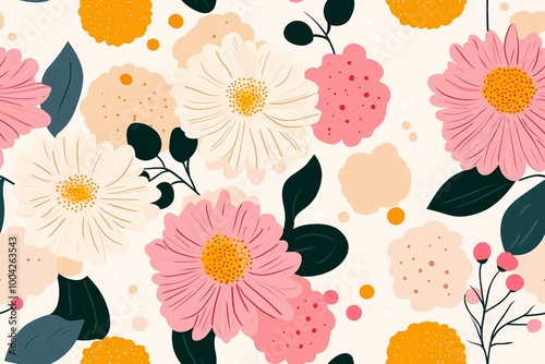 Trendy minimalist flat illustration seamless pattern pastel colors soft pink background flowers Breast Cancer Awareness Month, International Women's Day, women's celebrations symbolizing love support