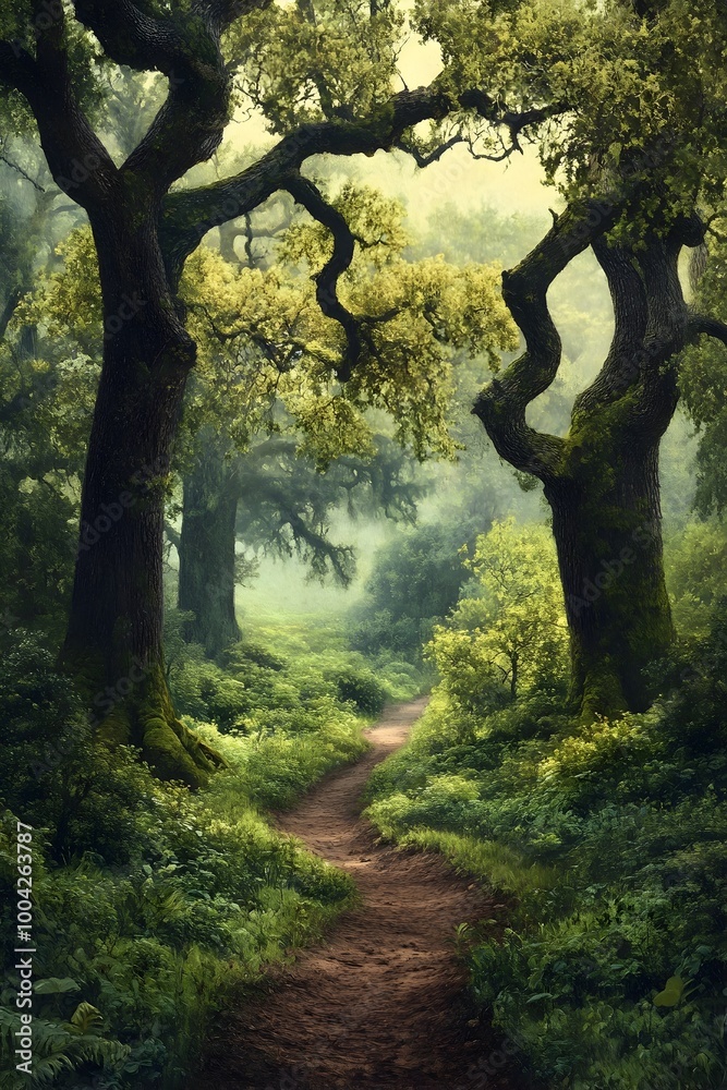Fototapeta premium Enchanting Primeval Forest with Towering Ancient Oaks Verdant Undergrowth and Meandering Dirt Path Through a Hidden Creek Captured with Cinematic Lighting and a Sense of Wonder and Adventure
