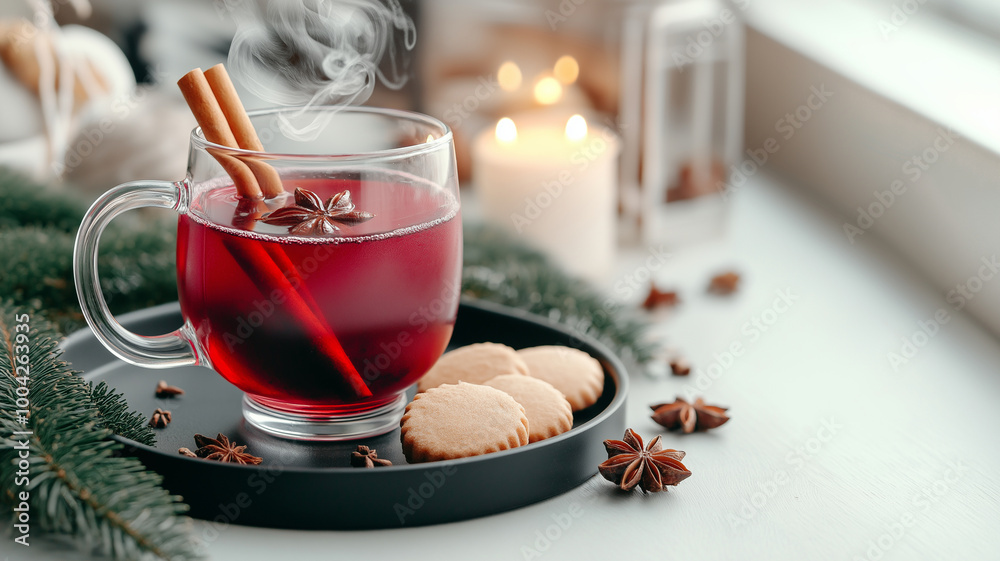 A warm cup of spiced drink with cookies creates cozy atmosphere A warm cup of spiced drink with cookies creates cozy atmosphere