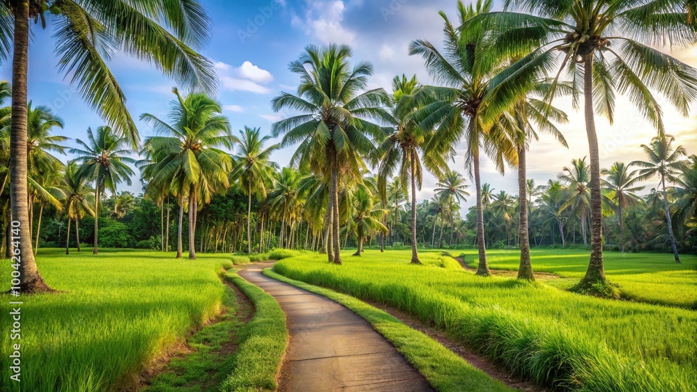 Path through lush green field with palm trees in background Path through lush green field with palm trees in background