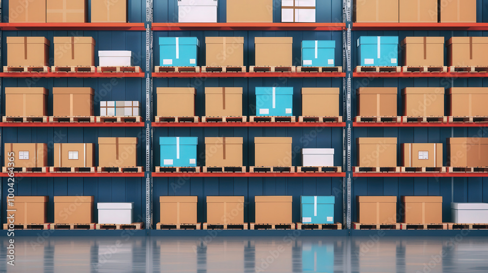 Warehouse Efficiency, a flat design illustration showcasing neatly organized shelves and parcels, emphasizing streamlined warehouse management and optimal space utilization. Warehouse Efficiency, a flat design illustration showcasing neatly organized shelves and parcels, emphasizing streamlined warehouse management and optimal space utilization.