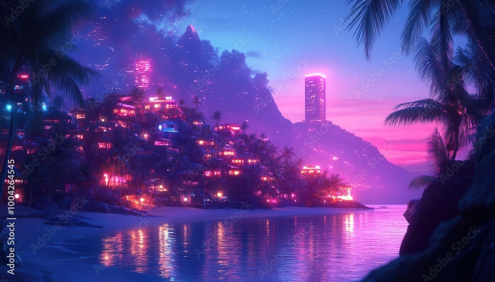 Obraz premium Island beach exploration with glowing holographic navigation tools in a neon-lit resort Futuristic Neon High Detail