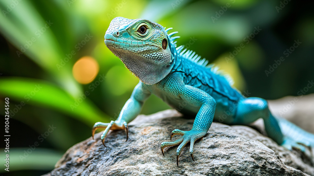 A striking blue-green lizard perched on a rock A striking blue-green lizard perched on a rock