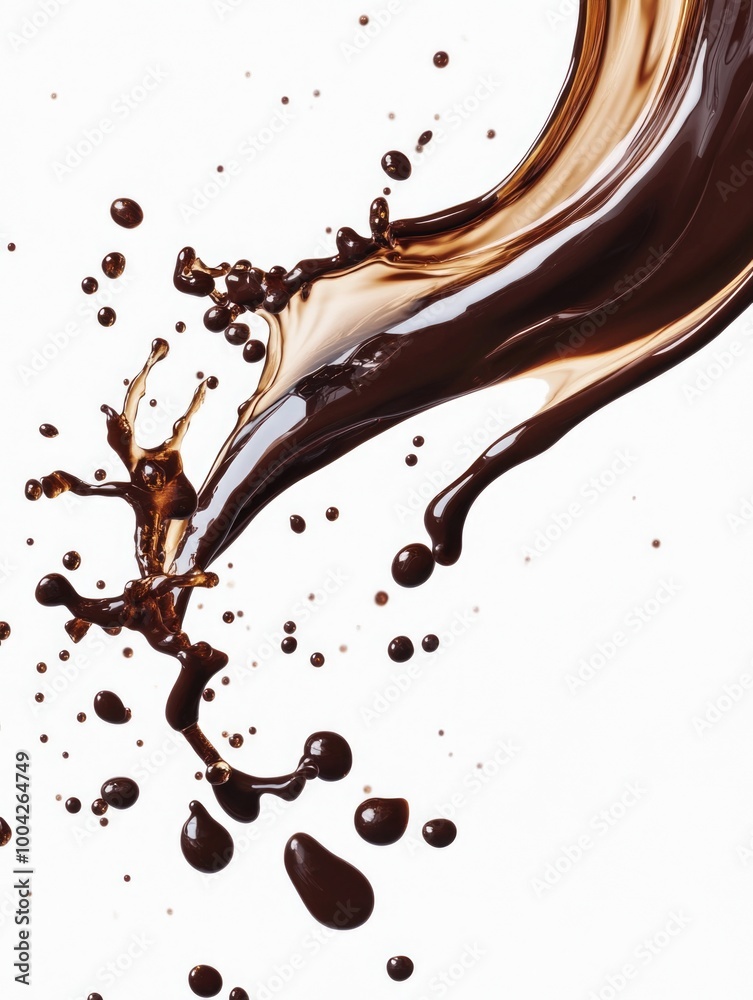 Liquid coffee in motion creating a dynamic, artistic spill against white background. Liquid coffee in motion creating a dynamic, artistic spill against white background.