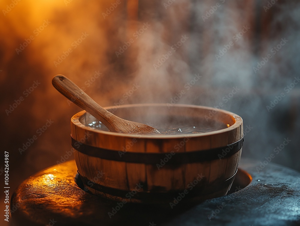 A wooden bucket filled with steaming water and a wooden spoon. A wooden bucket filled with steaming water and a wooden spoon.