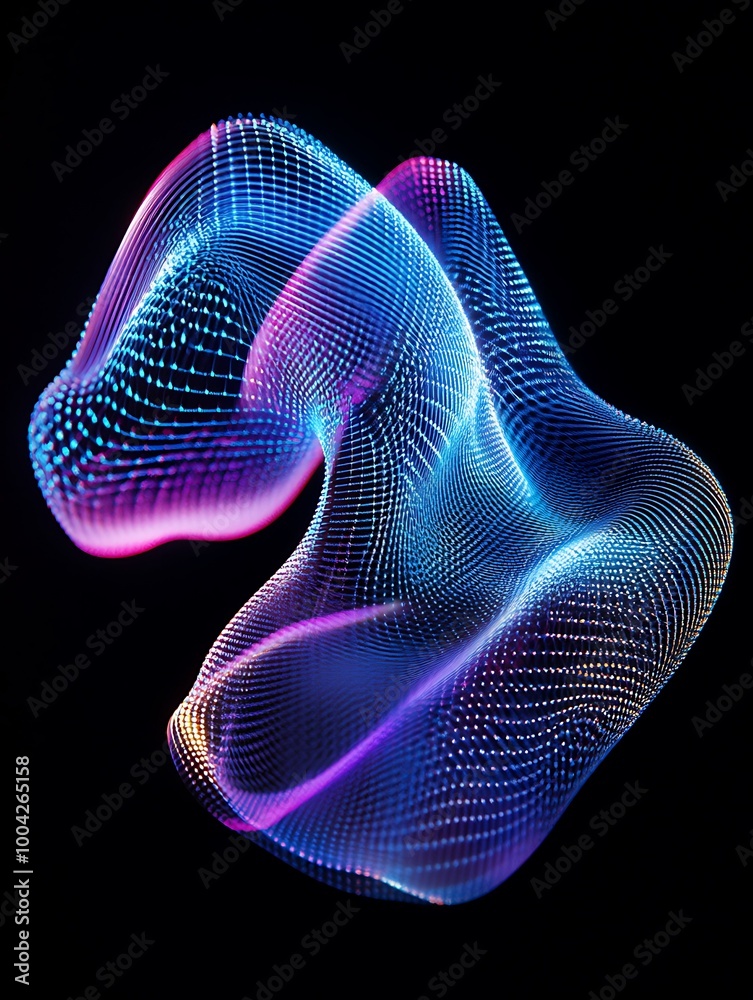 Fototapeta premium Abstract colorful wave form design with glowing dots on a black background. A minimalist poster in metallic and chrome gradient style.
