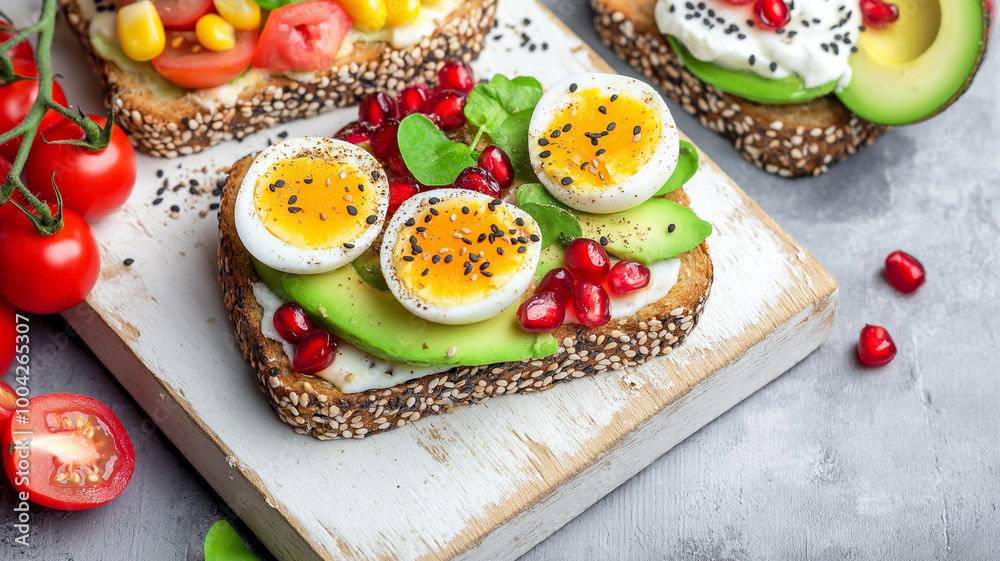 Delicious avocado toast topped with eggs, pomegranate, and fresh vegetables Delicious avocado toast topped with eggs, pomegranate, and fresh vegetables