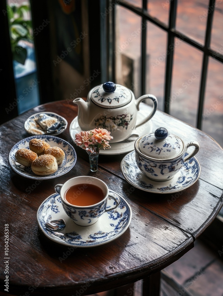 This image depicts a set of traditional blue and white teacups, saucers, and teapot arranged on a wooden table. The setting suggests a cozy afternoon tea or coffee break This image depicts a set of traditional blue and white teacups, saucers, and teapot arranged on a wooden table. The setting suggests a cozy afternoon tea or coffee break