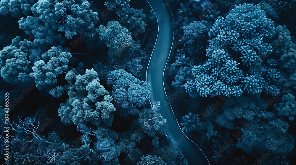 The general expansive view from above of a huge lush blue woods and a curving lane way The general expansive view from above of a huge lush blue woods and a curving lane way