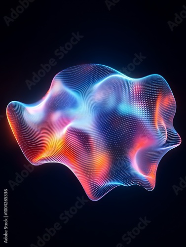 Abstract colorful wave form pattern with luminous effects on black background. A minimalist poster in metallic and chrome gradient style.