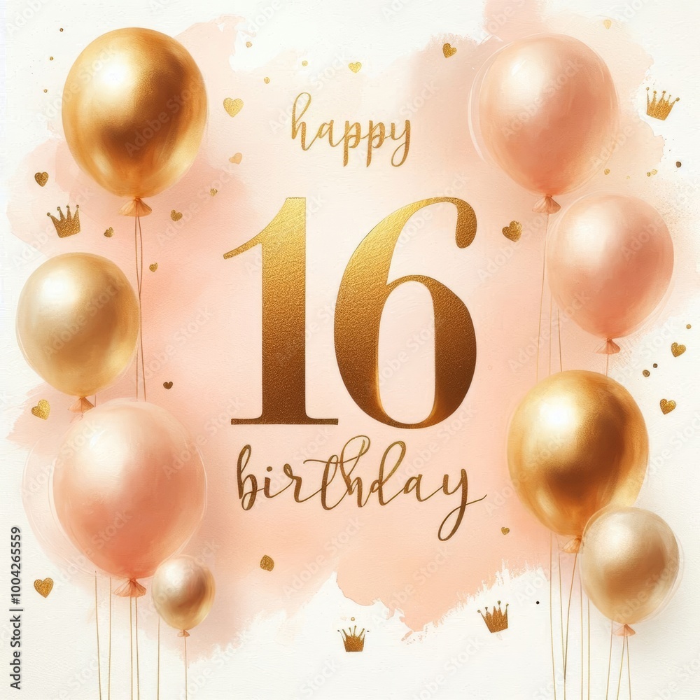 Gold and pink birthday card design for a sweet 16 celebration. Gold and pink birthday card design for a sweet 16 celebration.