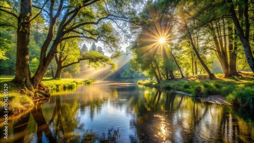 peaceful forest nature landscape with sunlight filtering through trees by calm river