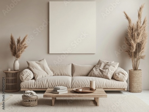 A white couch with pillows and a coffee table with a vase and a book