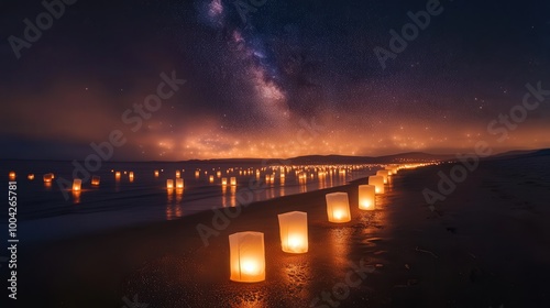 Softly glowing lanterns line the shore, casting reflections on the water while the Milky Way shimmers above in the night sky, creating a serene atmosphere