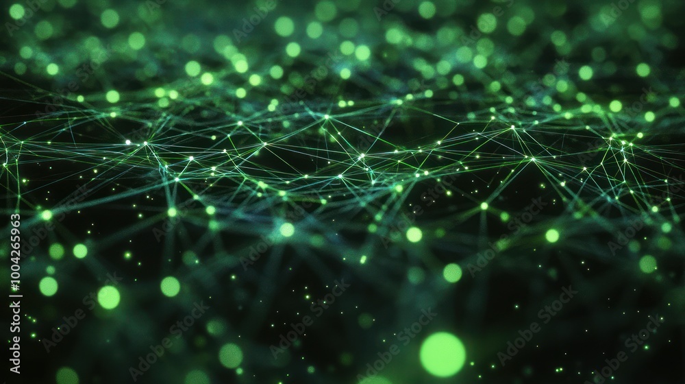 Abstract representation of interconnected nodes and lines in a digital green landscape. Abstract representation of interconnected nodes and lines in a digital green landscape.