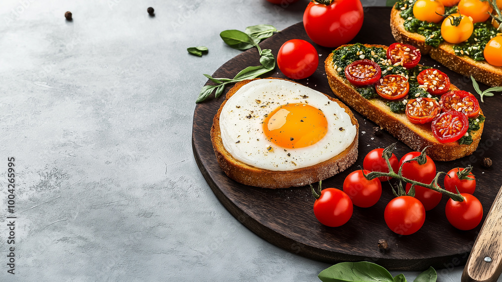 Delicious breakfast with fried egg, tomatoes, and pesto toast Delicious breakfast with fried egg, tomatoes, and pesto toast