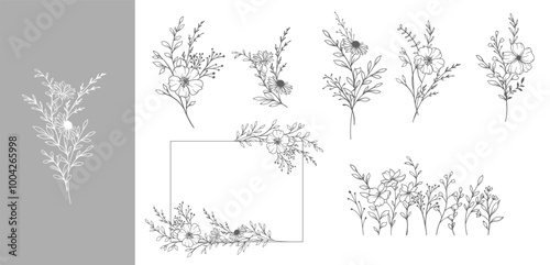 Botanical Background with trendy minimalist wildflowers and greenery. Floral Line Art. Hand drawn line art leaves, branches and flowers. Luxury Line Floral Art.  trendy minimalist card, save the date