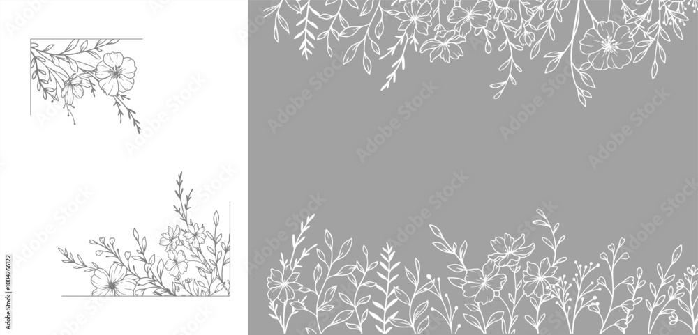 Trendy floral frames with wildflowers and leaves line art. Botanical Line Art Collection of wildflowers. Hand drawn line art graphics. Luxury Line Floral Art. Perfect for Elegant wedding invitations