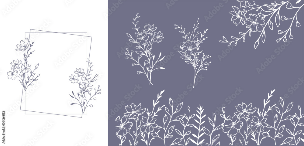 Obraz premium Trendy floral frames with wildflowers and leaves line art. Botanical Line Art Collection of wildflowers. Hand drawn line art graphics. Luxury Line Floral Art. Perfect for Elegant wedding invitations
