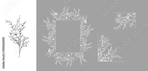 Trendy floral frames with wildflowers and leaves line art. Botanical Line Art Collection of wildflowers. Luxury Line Floral Art. Perfect for Elegant wedding invitations, trendy minimalist cards