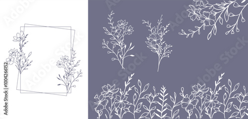 Trendy floral frames with wildflowers and leaves line art. Botanical Line Art Collection of wildflowers. Hand drawn line art graphics. Luxury Line Floral Art. Perfect for Elegant wedding invitations