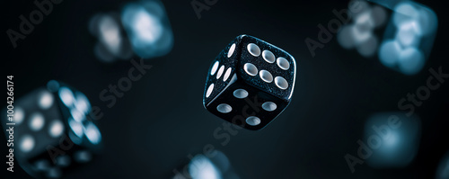 Obraz na płótnie Close-up of floating dice in a dark atmosphere, capturing the essence of chance and gaming excitement. w salonie