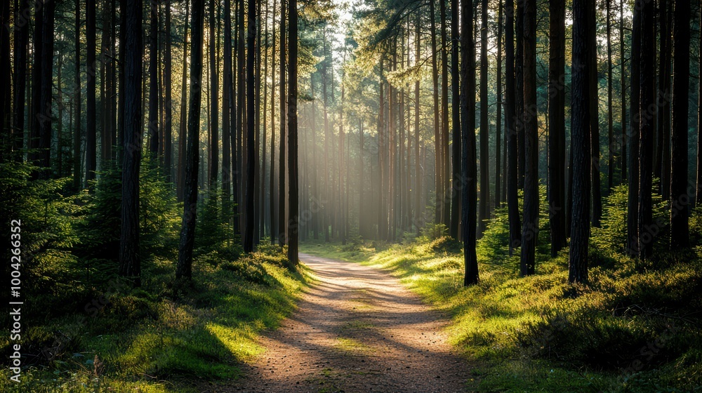 Serene forest path illuminated by morning light Serene forest path illuminated by morning light