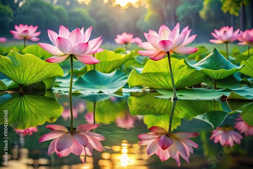 Peaceful lotus pond with blooming flowers