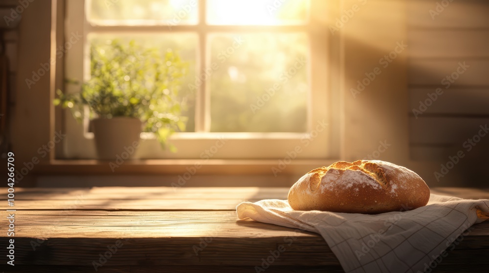 Freshly baked bread on a rustic wooden table by a sunny window Freshly baked bread on a rustic wooden table by a sunny window